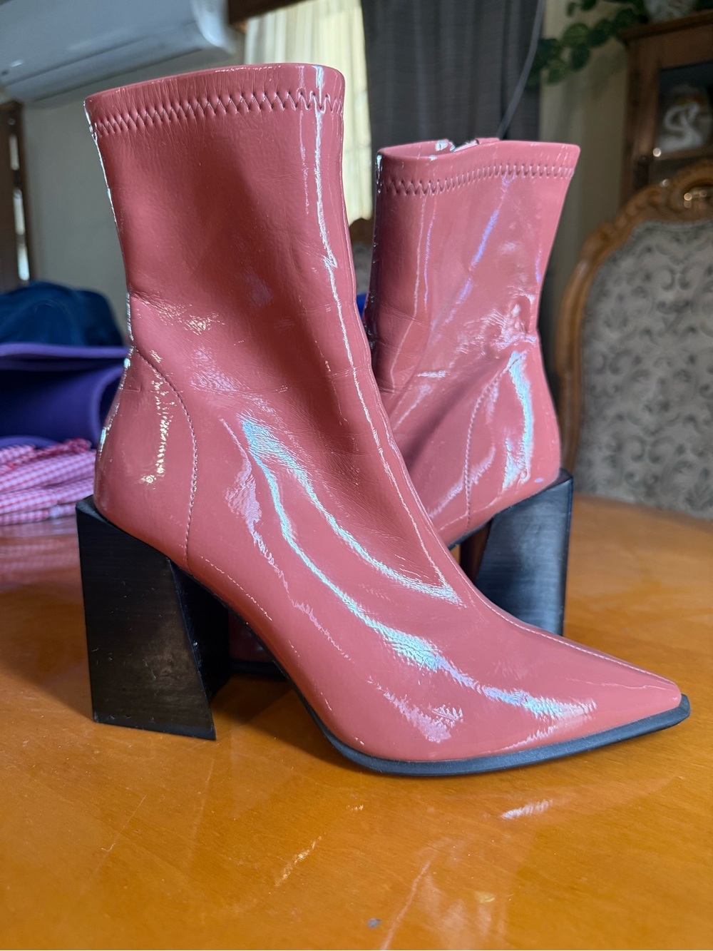 Jeffrey Campbell Glossy Rose Pink Block Heel Ankle Boots